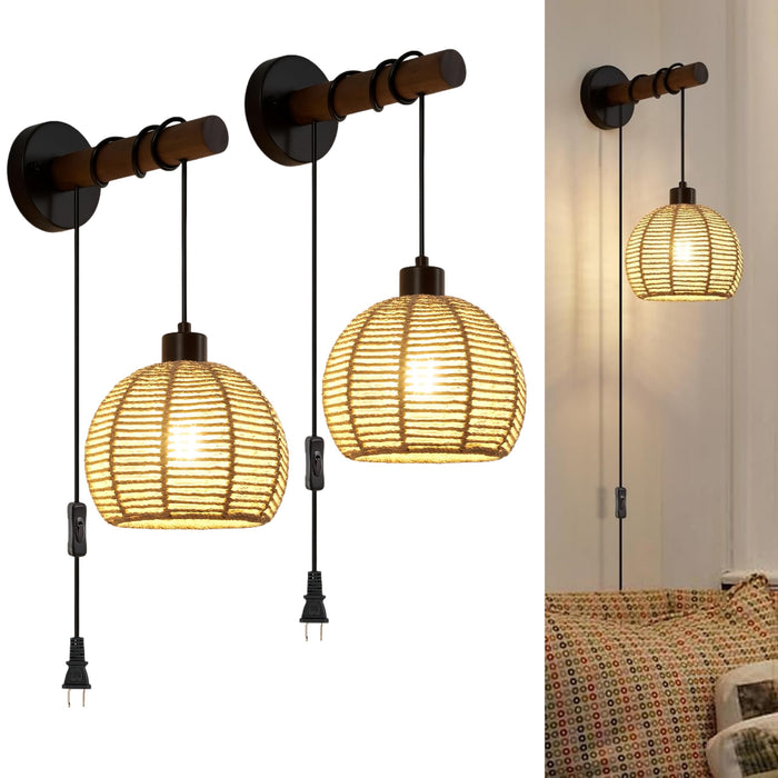 SGLfarmty Boho Rattan Plug-in Wall Sconces Set of 2 Rustic Hemp Rope by Deal US