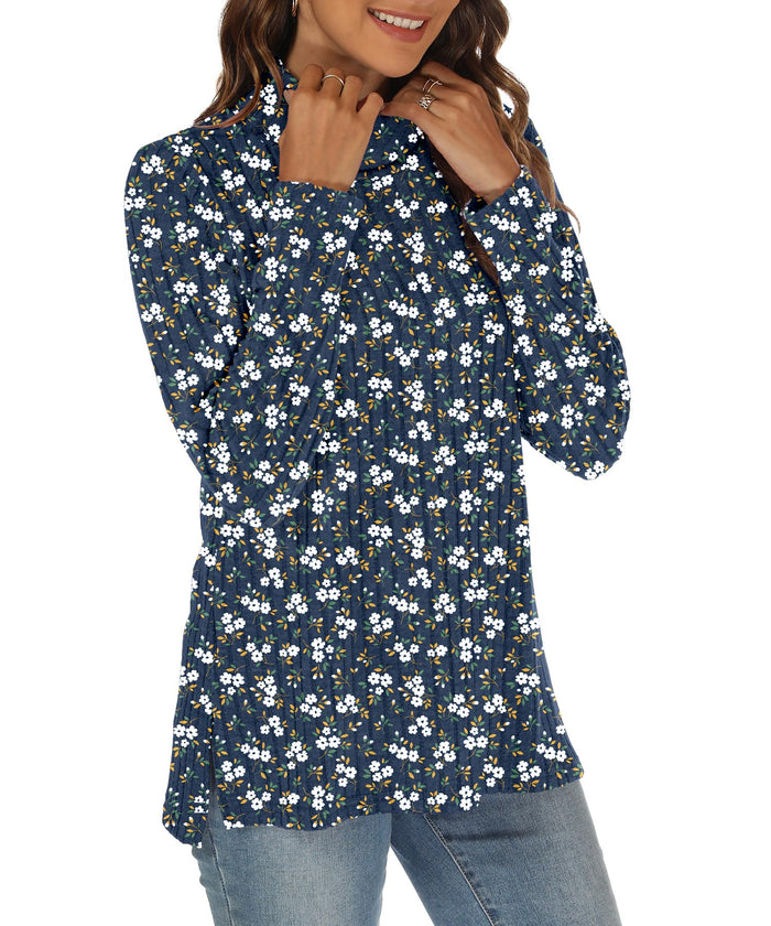 GOUCEHN Women Turtleneck Sweater Pullover Lightweight Blue-White Flo Size XL by Deal US