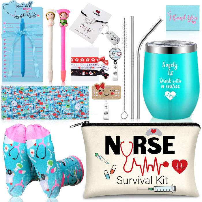 Hotop Nurse Appreciation Gift Set 19 Pcs Makeup Bag Badge Reel Wine Tumbler by Deal US