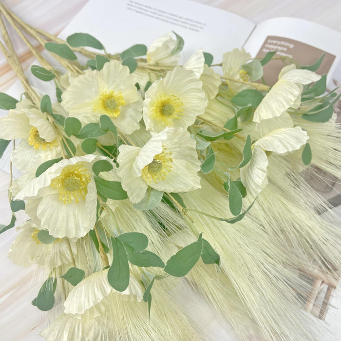 NoriStyle Silk White Artificial Poppy Flowers 6 Pcs Long Stems Indoor Decor by Deal US