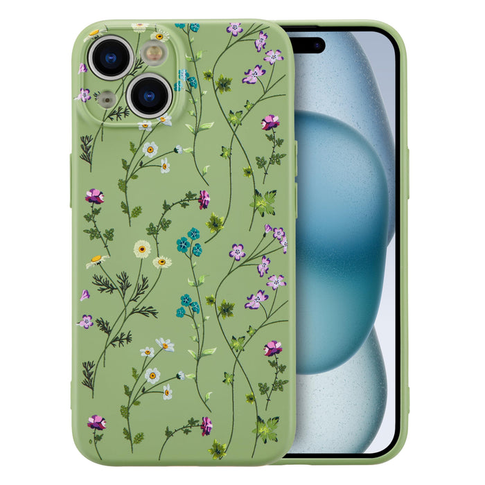 Case for iPhone 15,Liquid Silicone Cover with Cute Flower Branch Pattern