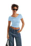 SUUKSESS Women Off Shoulder Cowl Neck Short Sleeve Top Light Blue Size M by Deal US