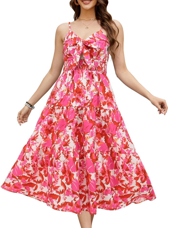 Gardenwed Women's Floral Print Maxi Dress Twisted V Neck Sleeveless Red Pink L by Deal US