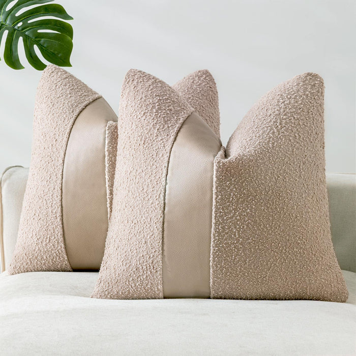 Laolitou 2 Pack Boucle Pillow Covers 18x18 Inch Faux Leather Oatmeal by Deal US