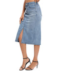 ETTELO Midi Denim Skirt High Waisted Slit Casual Stretch Deep Blue Size XX-Large by Deal US