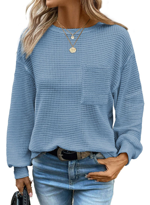 Dokotoo Women's Long Sleeve Waffle Crewneck Top Dusk Blue Size XX-Large by Deal US