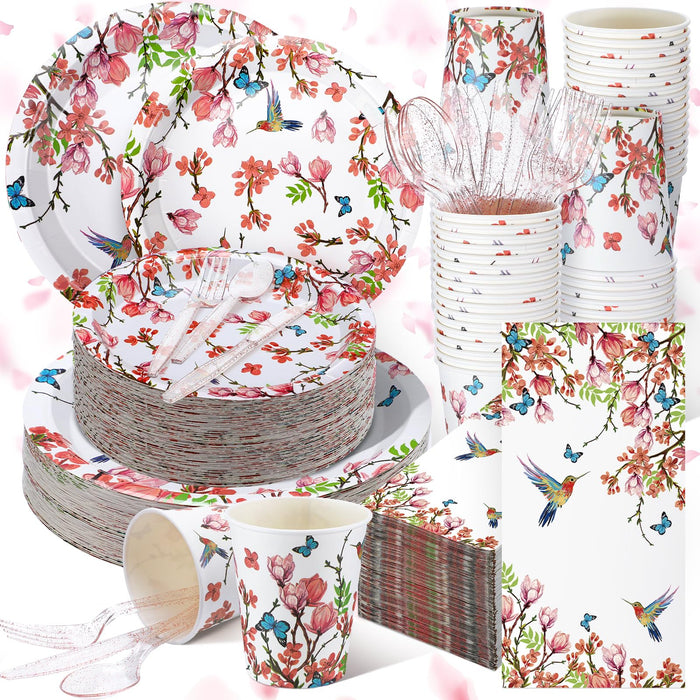 Sinmoe 400 Pcs Spring Plates Napkins Disposable Dinnerware Set Multicolor Bird by Deal US