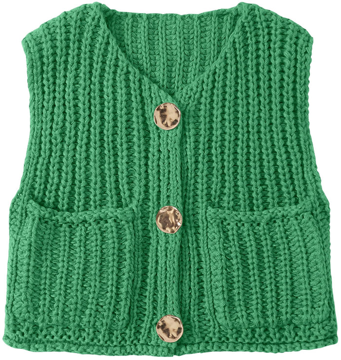 UEU Women's V Neck Crochet Sweater Vest Sleeveless Cardigan Green Size M by Deal US