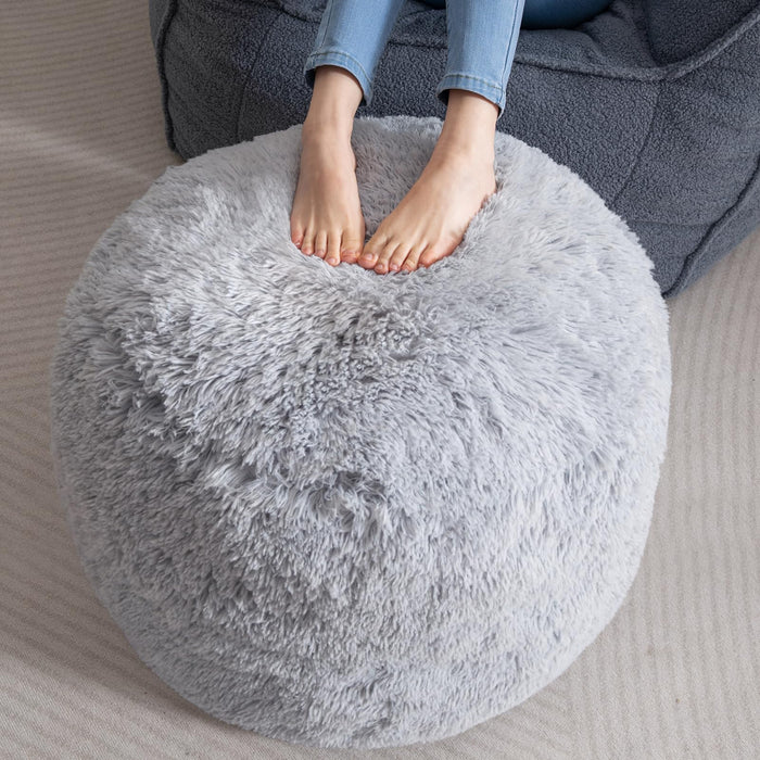 HIGOGOGO Round Faux Fur Stuffed Pouf Ottoman 26x18 Light Grey by Deal US