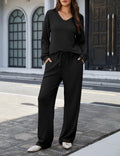 Amoretu Women's Lounge Set V Neck Top Wide Leg Drawstring Pants Black Size L by Deal US