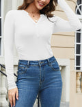 Amoretu Womens Long Sleeve V Neck Henley Ribbed Side Ruched Top White Size L by Deal US