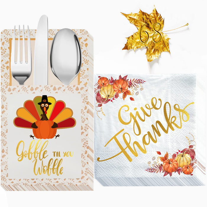 Qeqczow Thanksgiving Gold Foil Napkins & Cutlery Holders Set 68 Pcs by Deal US