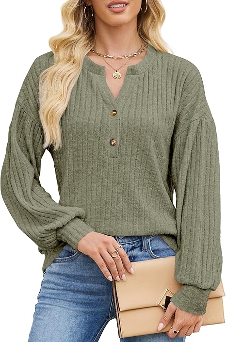 Edelqual Womens Long Sleeve Henley V Neck Sweater Top Green Size M by Deal US