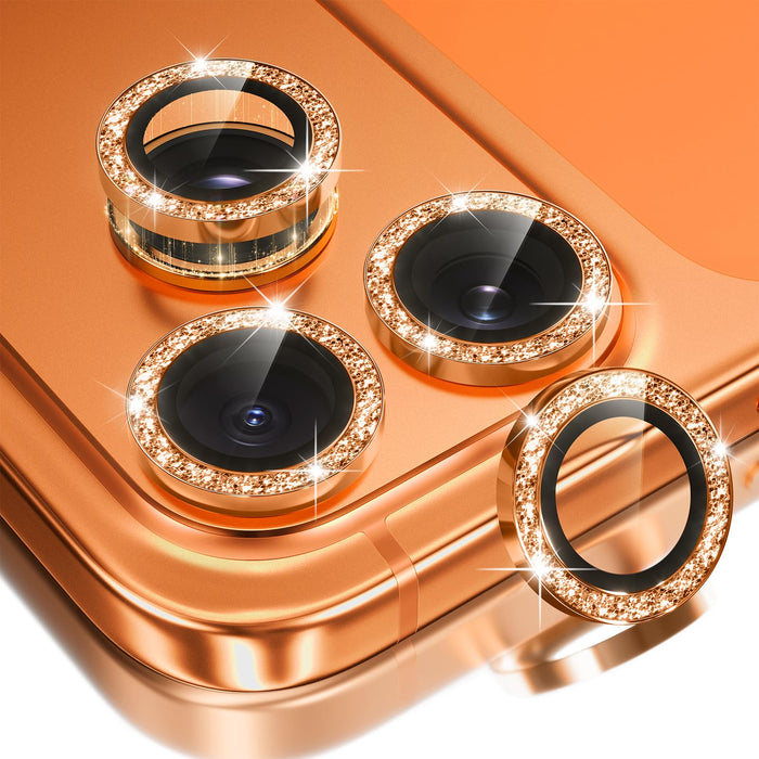 BERFY Camera Lens Protector for iPhone 17 Pro/17 Pro Max, Glitter Bling Aluminum Alloy Metal Ring, 9H Tempered Glass Camera Cover Screen Protector Accessories, Anti-Scratch, Case Friendly, Orange