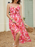 Gardenwed Women's Floral Print Maxi Dress Twisted V Neck Sleeveless Red Pink L by Deal US