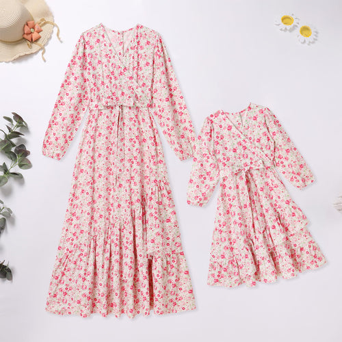 AWIBMK Mommy and Me Floral Boho A-Line V Neck Long Sleeve Dress Blue Pink Size L by Deal US