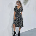 HEBELD Womens Midi Floral V Neck Wrap Dress Elastic Waist Black Size M by Deal US