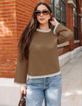 ZESICA Women's Oversized Ribbed Knit Sweater Crewneck Brown Size S by Deal US