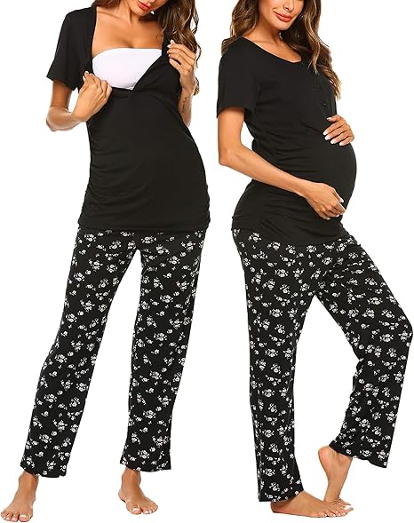 Ekouaer Maternity Nursing Pajama Set Breastfeeding Sleepwear Black Flower Size S by Deal US