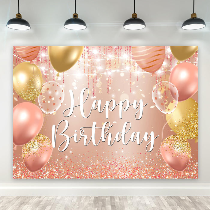 Riyidecor Happy Birthday Backdrop Champagne Pink Gold Balloons 7x5ft Polyester by Deal US
