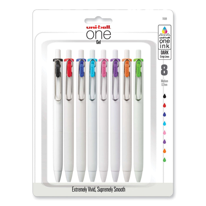 uniball uniONE Gel Pen, Retractable, Medium 0.7 mm, Inspirational Ink-Color Assortment, White Barrel, 8/Pack