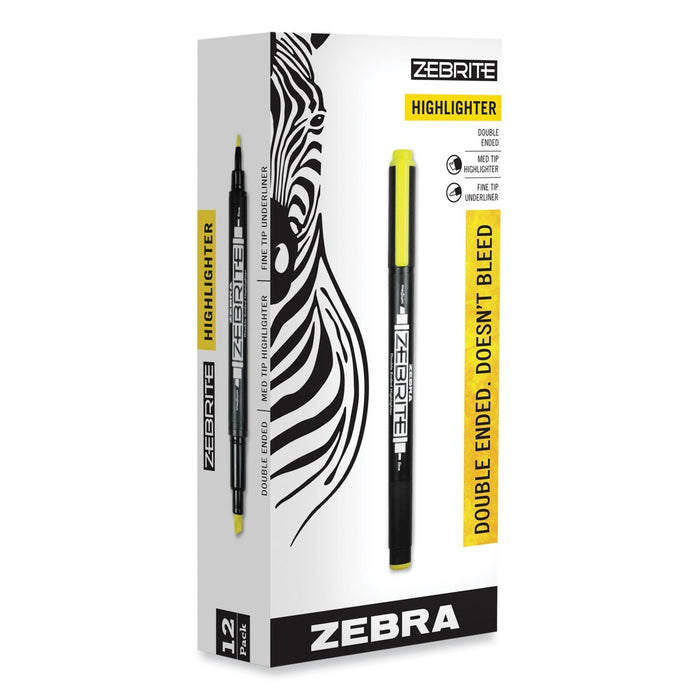 Zebra Zebrite Eco Double-Ended Highlighter, Fluorescent Yellow Ink, Med-Chisel/Fine-Bullet Tips, White/Black/Yellow Barrel, Dozen