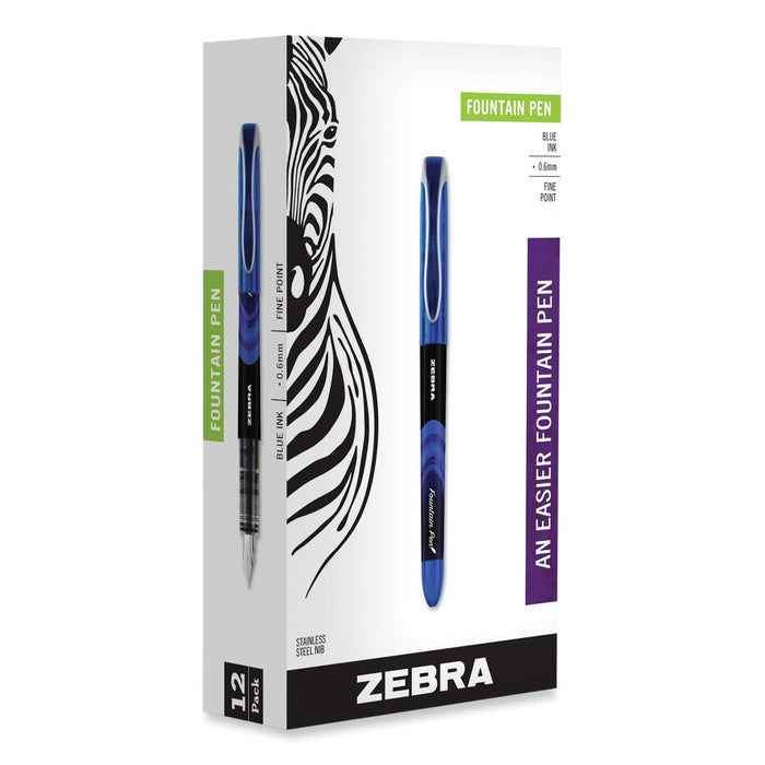 Zebra Fountain Pen, Fine 0.6 mm, Blue Ink, Blue, 12/Pack