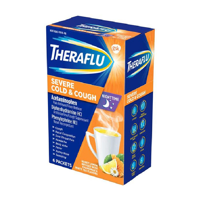 Theraflu Severe Cold & Cough Powder Packets Nighttime Honey Lemon Infused With Chamomile & White Tea Flavors by Pasteur Pharmacy