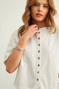 BUTTON DOWN ROUND NECK HALF SLEEVE TOP: WHITE by Boutique 23