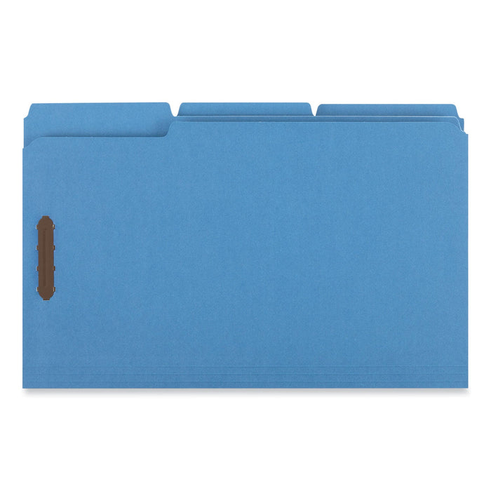 Universal Deluxe Reinforced Top Tab Fastener Folders, 2 Fasteners, Legal Size, Blue Exterior, 50/Box