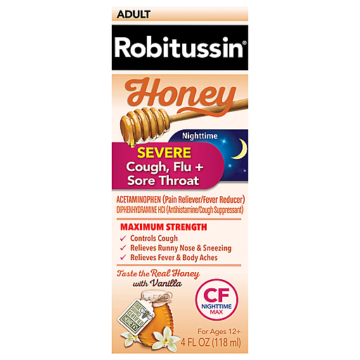 Robitussin Adult Maximum Strength Honey Nighttime Severe Cough, Flu + Sore Throat 4 Fl Oz Box by Pasteur Pharmacy