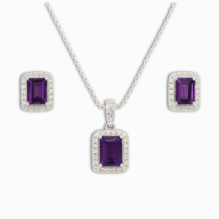 Silver Natural Amethyst Earrings and Necklace Jewelry Sets by Fine Color Jewels