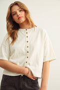 BUTTON DOWN ROUND NECK HALF SLEEVE TOP: WHITE by Boutique 23