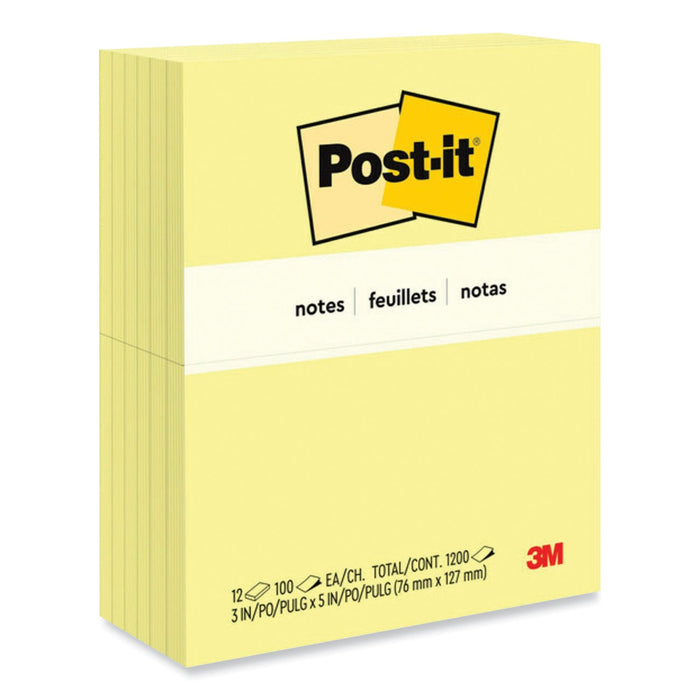 Post-it Original Pads in Canary Yellow, 3" x 5", 100 Sheets/Pad, 12 Pads/Pack