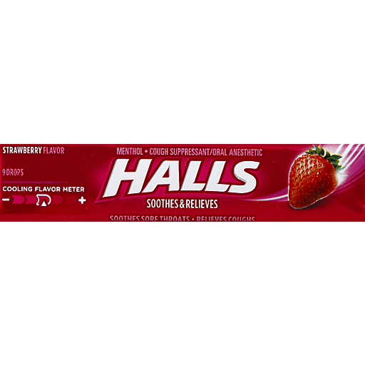 Halls Relief Strawberry Flavor Cough Suppressant & Oral Anesthetic Drops 9 Ct Pack by Pasteur Pharmacy