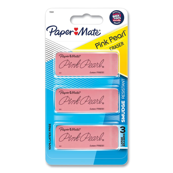 Paper Mate Pink Pearl Eraser, For Pencil Marks, Rectangular Block, Large, Pink, 3/Pack