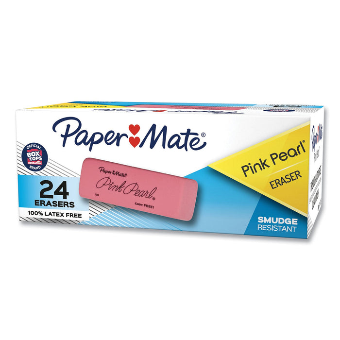 Paper Mate Pink Pearl Eraser, For Pencil Marks, Rectangular Block, Medium, Pink, 24/Box