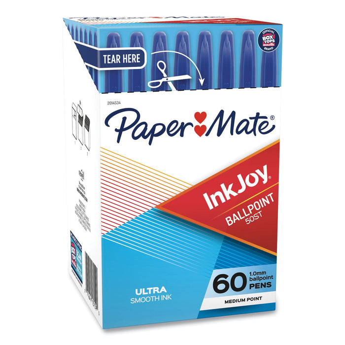 Paper Mate InkJoy 50ST Ballpoint Pen, Stick, Medium 1 mm, Blue Ink, White/Blue Barrel, 60/Pack