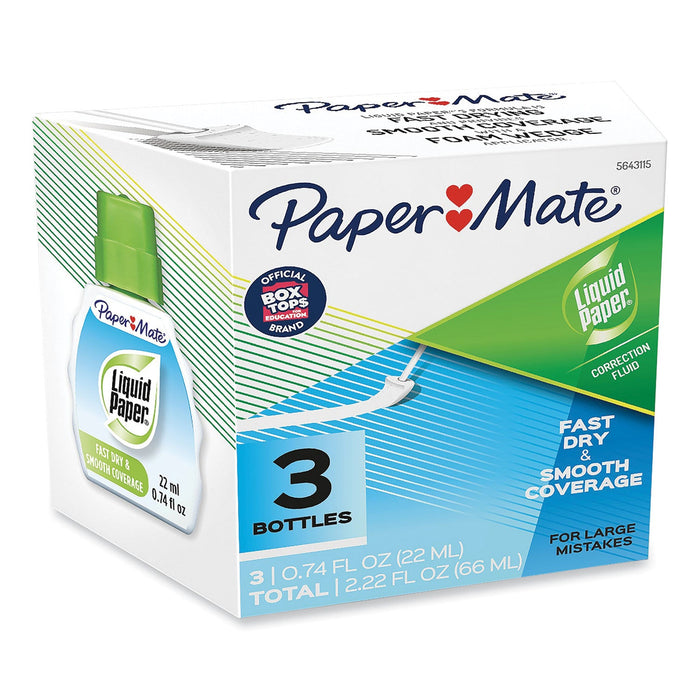Paper Mate Fast Dry Correction Fluid, 22 ml Bottle, White, 3/Pack