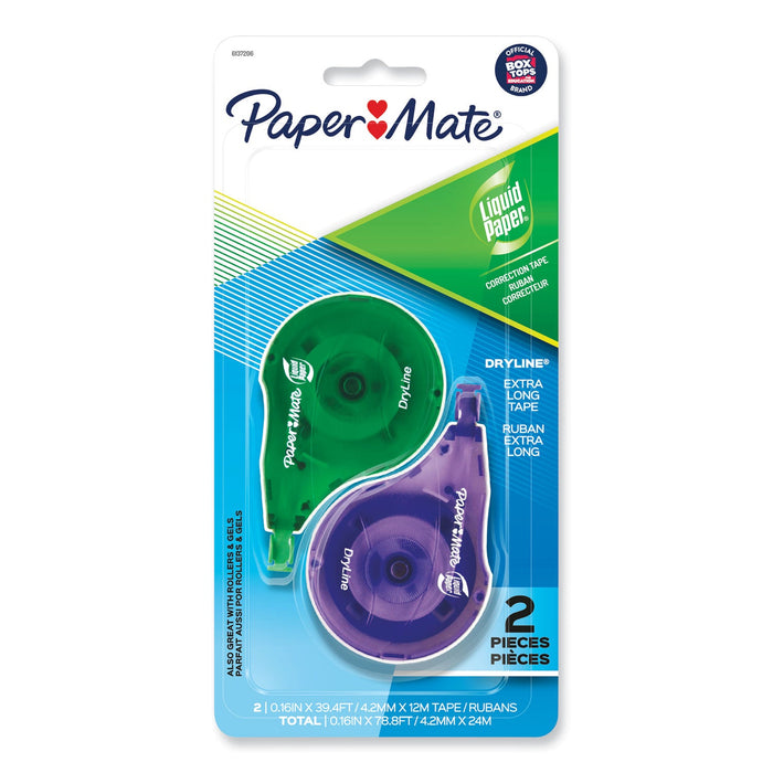 Paper Mate DryLine Correction Tape, Non-Refillable, Green/Purple Applicators, 0.17" x 472", 2/Pack