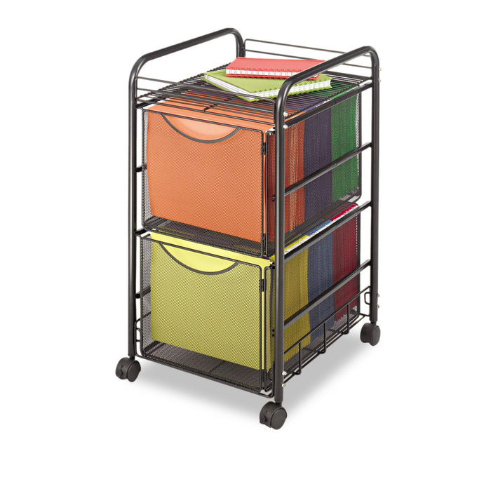 Safco Onyx Mesh Mobile Double File, Metal, 1 Shelf, 2 Drawers, 15.75" x 17" x 27", Black