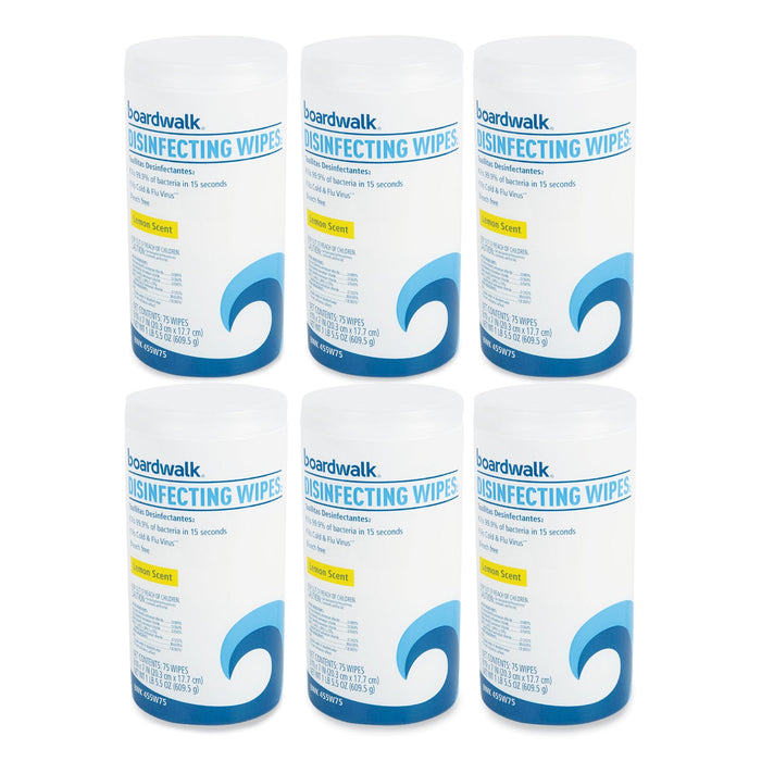 Boardwalk Disinfecting Wipes, 7 x 8, Lemon Scent, 75/Canister, 6 Canisters/Carton