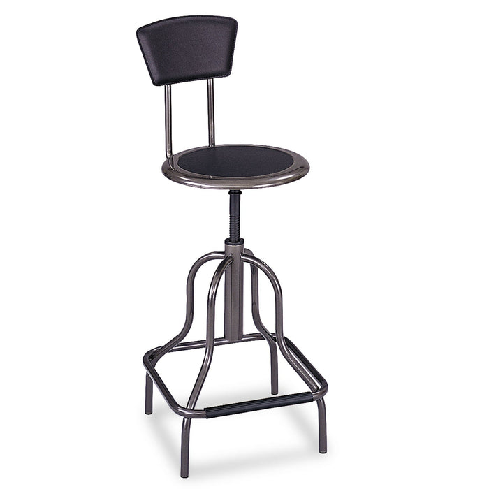 Safco Diesel Industrial Stool with Back, Supports Up to 250 lb, 22" to 27" Seat Height, Black Seat/Back, Pewter Base