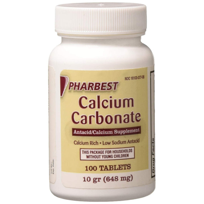 Pharbest Calcium Carbonate 648 mg (10 Grains) Antacid & Calcium Supplement, 100 Tablets by Pasteur Pharmacy
