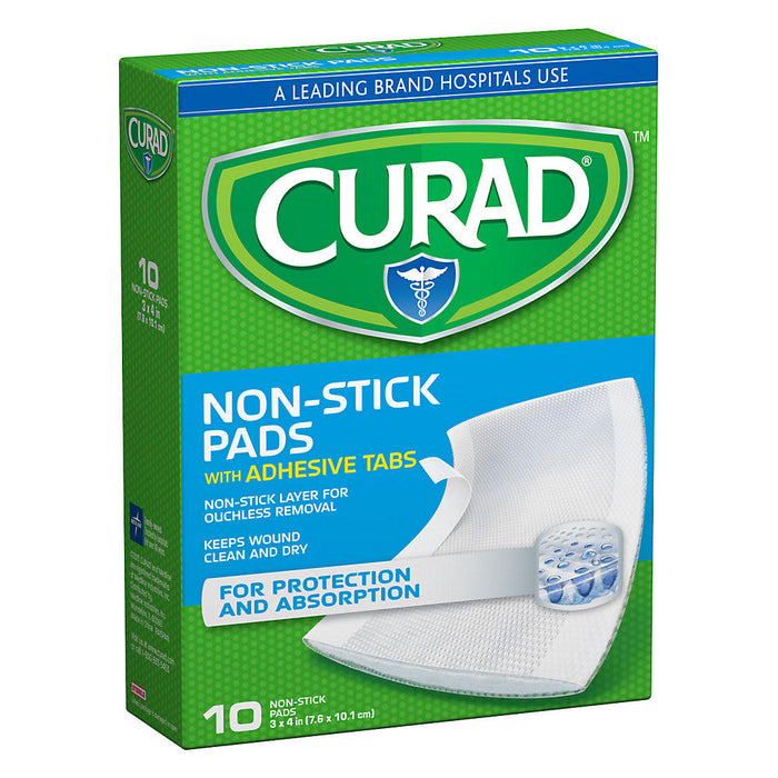 Curad Non-Stick Pads with Adhesive Tabs, Ouchless Wound Dressing – 3" x 4", 10 Count by Pasteur Pharmacy