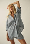 Plaid Textured Seersucker Oversize Button-Up Pocket Shirt: Chambray