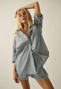 Plaid Textured Seersucker Oversize Button-Up Pocket Shirt: Chambray by Boutique 23