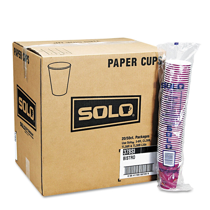 Dart Solo Paper Hot Drink Cups in Bistro Design, 12 oz, Maroon, 50/Bag, 20 Bags/Carton