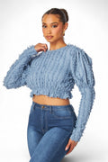 Alexandria Puff Long Sleeve Shaggy Peplum Crop Top by The House of Stylez