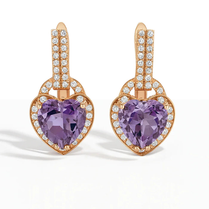 Natural Amethyst Heart Leverback Silver Drop Earrings by Fine Color Jewels